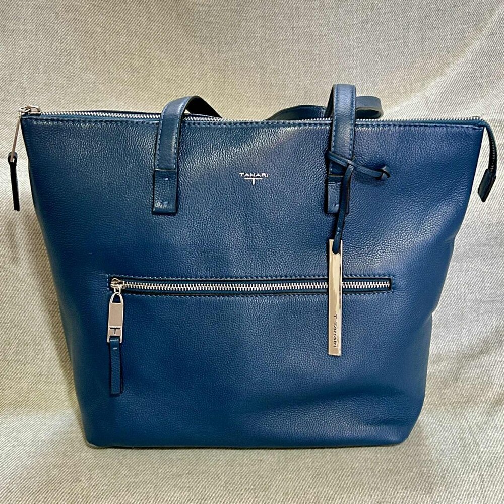 Tahari Blue Pebble Leather Zipped Tote Shoulder Bag